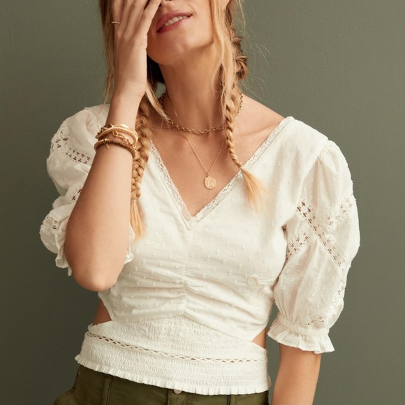 Anthropologie Tops - Anthropologie Ruched Cut-Out Blouse forever that girl white top new medium